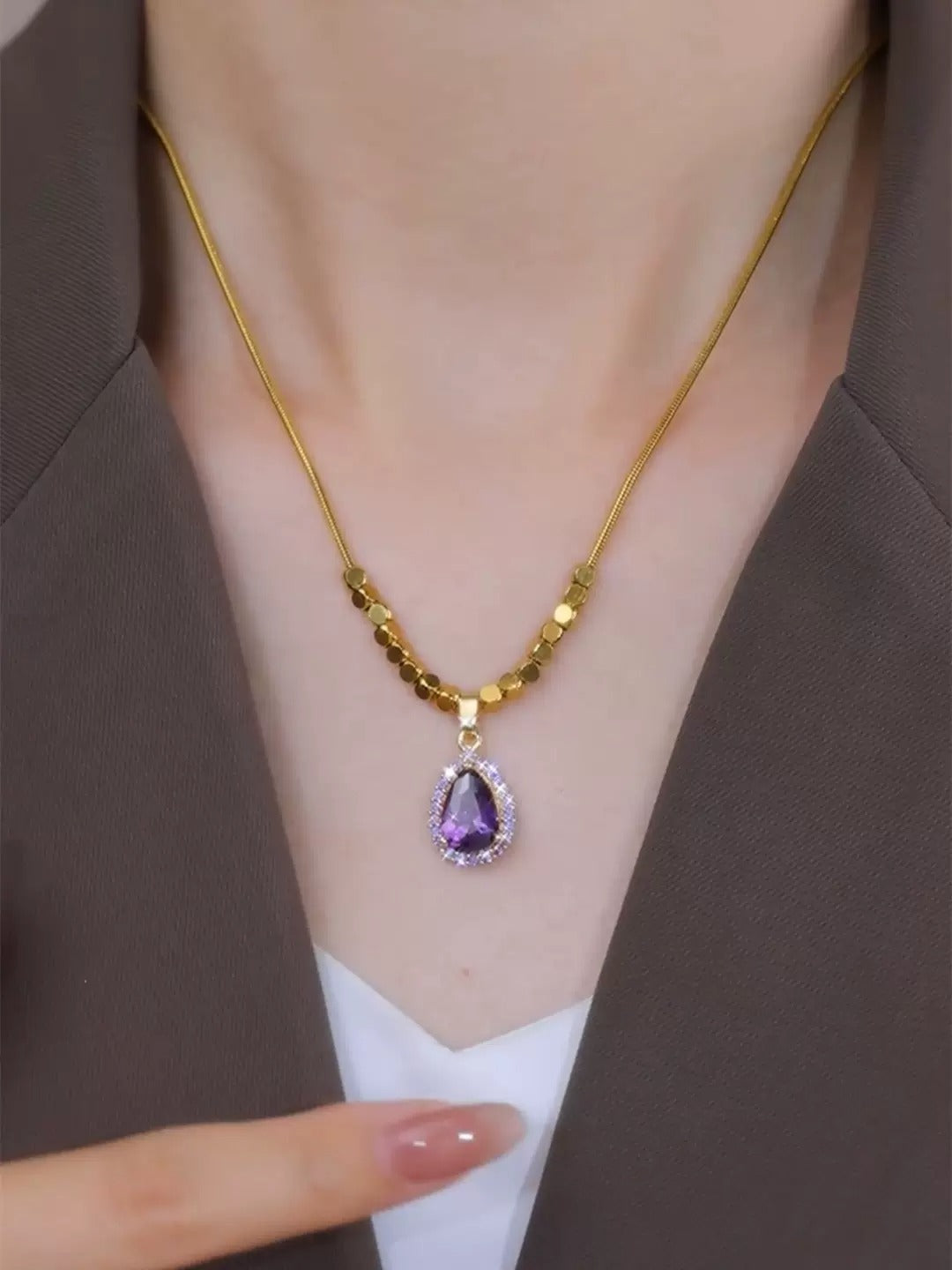 Purple Diamond Beads Necklace(24k gold plated)